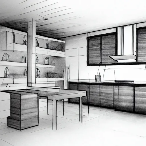 Image similar to modern garden kitchen design, designer pencil sketch, HD resolution