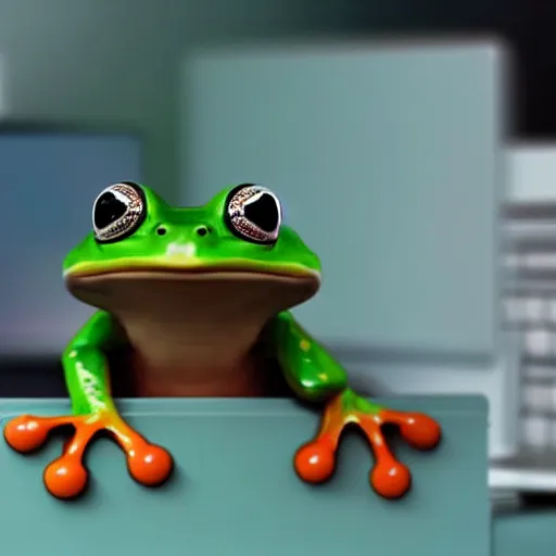 Image similar to a frog working as a software developer in an office, 8k, hyper realistic, render
