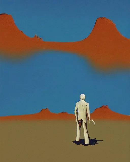 Image similar to roger dean 1 9 8 0 s art of a lone man walking in the dry desert of a strange bizarre alien planet surface lakes reflective clear blue water, rainbow in sky, imagery, illustration art, album art