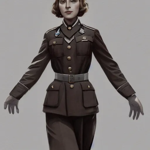 Prompt: full body portrait of addison rae in nazi female uniform, intricate, elegant, highly detailed, digital painting, artstation, smooth, sharp focus, illustration, art by artgerm and greg rutkowski and alphonse mucha, 8 k