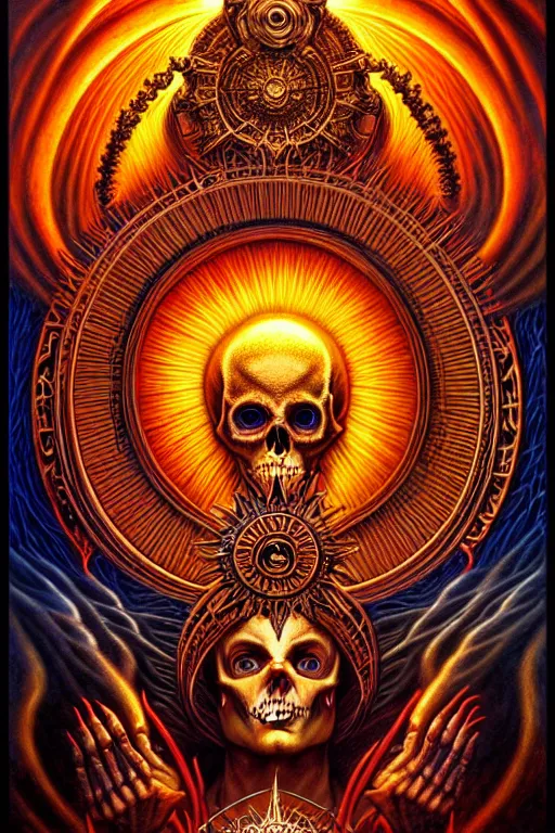 Image similar to A beautiful detailed orixa sun godness, tarot card, by tomasz alen kopera and Justin Gerard, symmetrical features, ominous, magical realism, texture, intricate, ornate, royally decorated, skull, skeleton, whirling smoke, embers, red adornements, red torn fabric, radiant colors, fantasy, trending on artstation, volumetric lighting, micro details, 3d sculpture, ray tracing, 8k, anaglyph effect