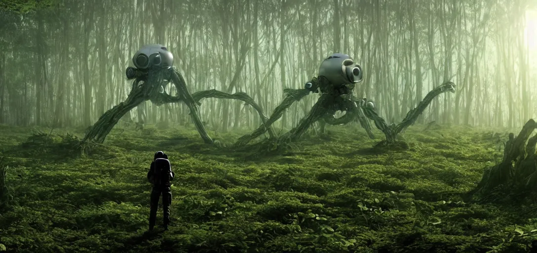 Prompt: an astronaut taking a photo of a complex organic fractal 3 d metallic symbiotic ceramic humanoid megastructure creature in a swampy lush forest, foggy, sun rays, cinematic shot, photo still from movie by denis villeneuve, wayne barlowe