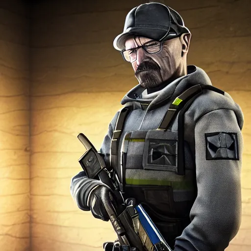 Image similar to walter white as a rainbow six siege operator, 4 k, highly detailed