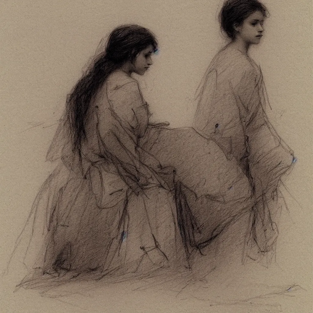 Image similar to a lonely girl by ilya repin. pencil sketch.