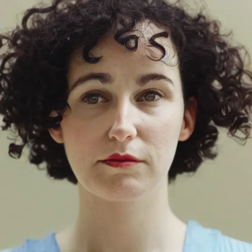 Image similar to portrait of a woman, short curly black hair, round face, still from a Wes Anderson Movie