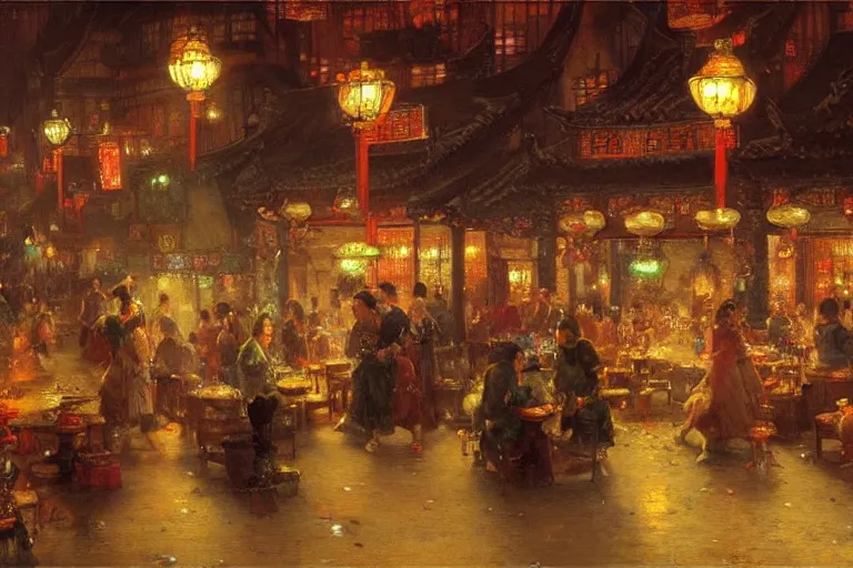 Prompt: fantasy art of a bustling tavern in china, at night, by gaston bussiere, highly detailed digital art, trending on artstation