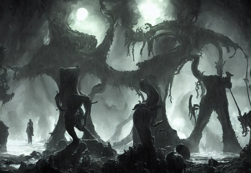 Image similar to painting of the figures of three investigators in a lovecraftian scenery, high contrast, concept art, dramatic lighting, digital art, 8 k, arkham city, call of cthulhu, extremely detailed, drawn by ruan jia