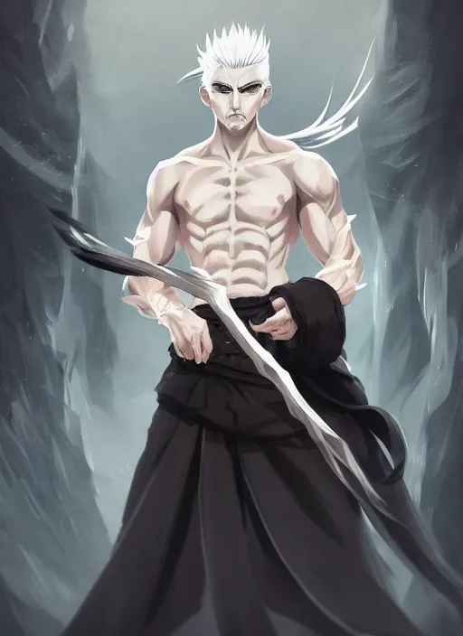Prompt: a highly detailed illustration of fierce white haired young japanese man wearing hakama, black! sclera! eyes, dramatic serious pose, muscular, intricate, elegant, highly detailed, centered, digital painting, artstation, concept art, smooth, sharp focus, league of legends concept art, wlop