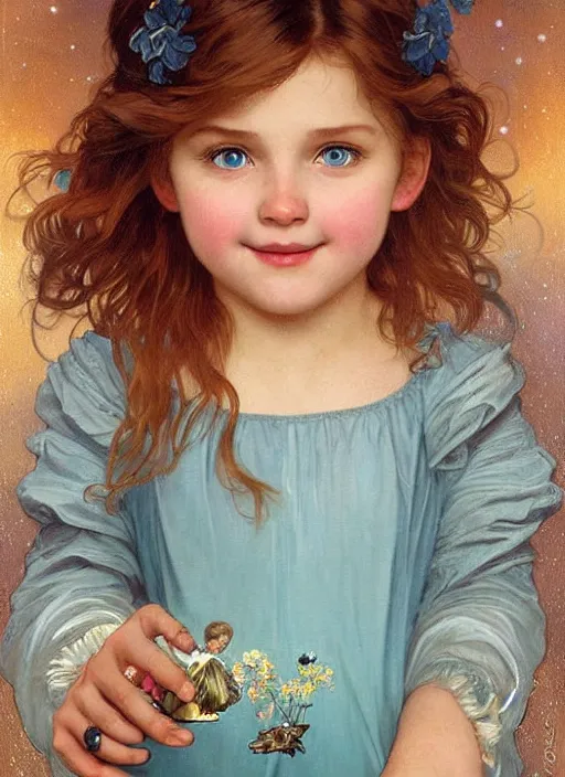 Image similar to a cute little girl with a round cherubic face, blue eyes, and short wavy light brown hair smiles as she floats in space with stars all around her. she is wearing a turquoise dress. beautiful painting by artgerm and greg rutkowski and alphonse mucha