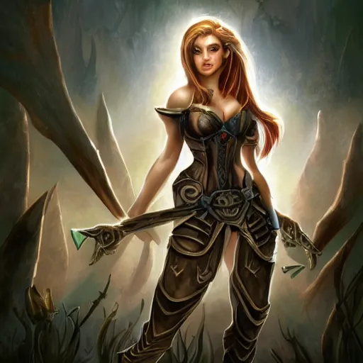 Image similar to Kaitlyn Michelle Siragusa, better known as Amouranth, full body portrait, Fantasy Magic the Gathering Card Artwork, Dungeons and Dragons, World of Warcraft, by Kevin Kev Walker, by Greg Staples, by Christopher Moeller, by Ron Spencer, by Daarken, by Carl Critchlow