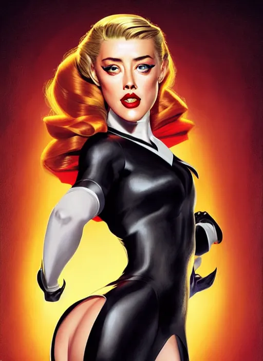 Image similar to evil amber heard as a comic book super villain wearing a courtroom costume, full body portrait, natural lights, photorealism, dramatic, cinematic, art by artgerm, rossdraws, norman rockwell, magali villeneuve, gil elvgren, alberto vargas, earl moran, enoch bolles