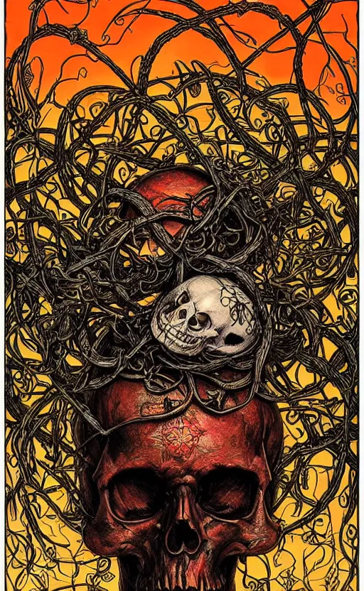 Image similar to tarot card of human skull wrapped in vines + black paper + elements + red + gold + neon + baroque + rococo + white + orange + ink + tarot card with ornate border frame + marc simonetti, paul pope, peter mohrbacher, detailed, intricate ink illustration