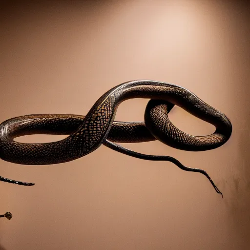 Prompt: giant and oversized coiled snake with a metallic skull as the head, room interior, dark fantasy, XF IQ4, f/1.4, ISO 200, 1/160s, 8K, RAW, unedited, symmetrical balance, in-frame