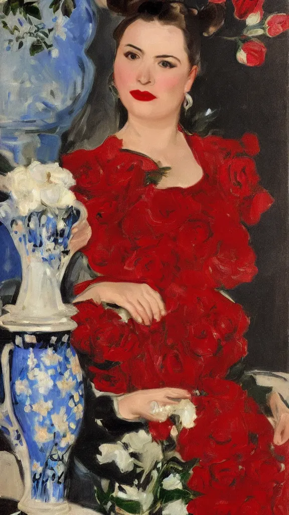Image similar to portrait of rebekah delrio in lynch pattern dress beside of a big persian detailed pot of red roses, blue and red lights painted by john singer sargent