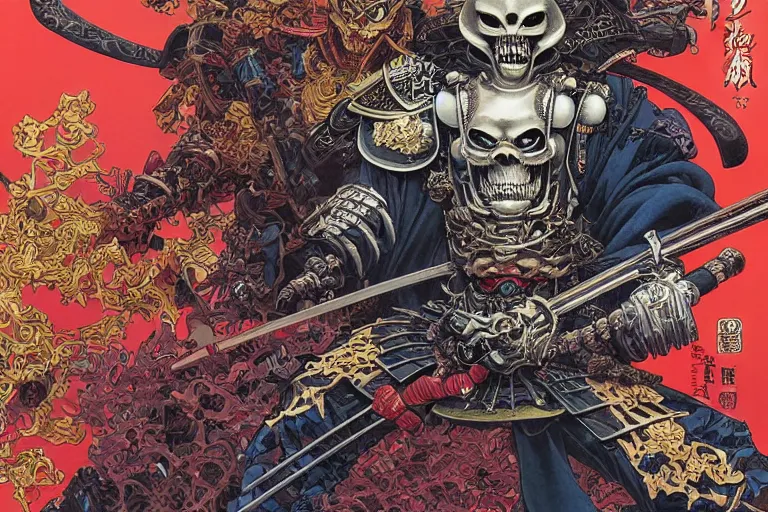 Image similar to portrait of a crazy skeletor samurai with japanese armor and helmet, by yoichi hatakenaka, masamune shirow, josan gonzales and dan mumford, ayami kojima, takato yamamoto, barclay shaw, karol bak, yukito kishiro