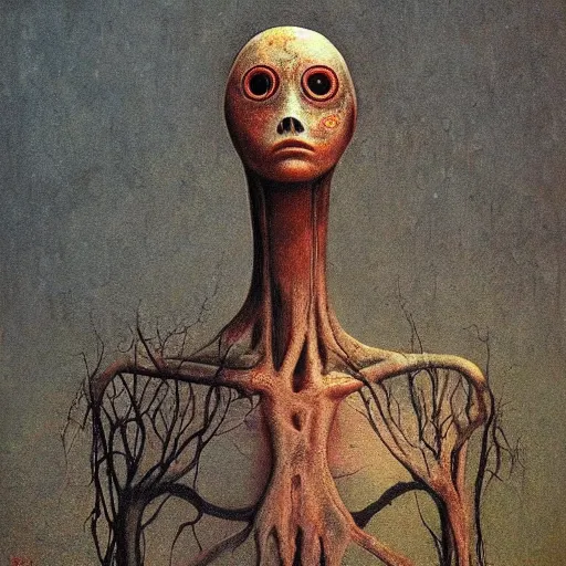 Image similar to slenderman, high detail, masterpiece, oil on canvas, art by beksinski