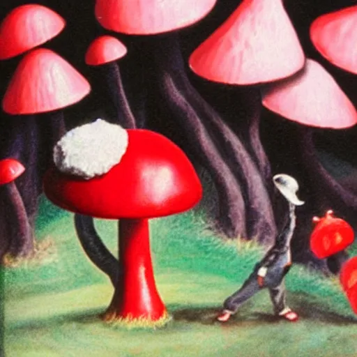 Prompt: red capped mushroom with alice in wonderland