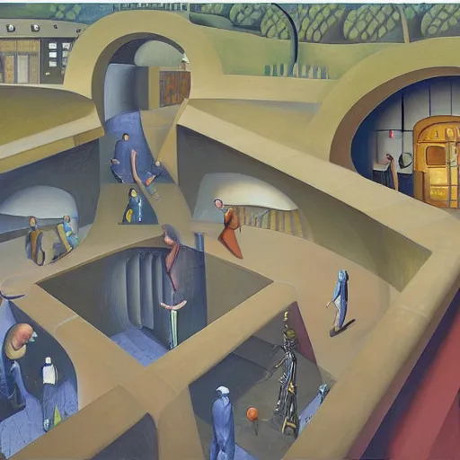 Image similar to 3 d cutaway view of a cardiovascular network of tunnels connecting round concrete domiciles, by grant wood, pj crook, edward hopper, oil on canvas