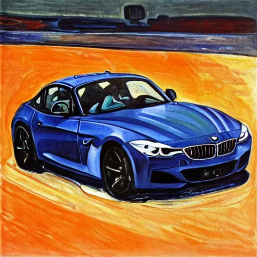 Prompt: “Painting of a dark blue BMW Z3 by Edvard Munch, oil on canvas”