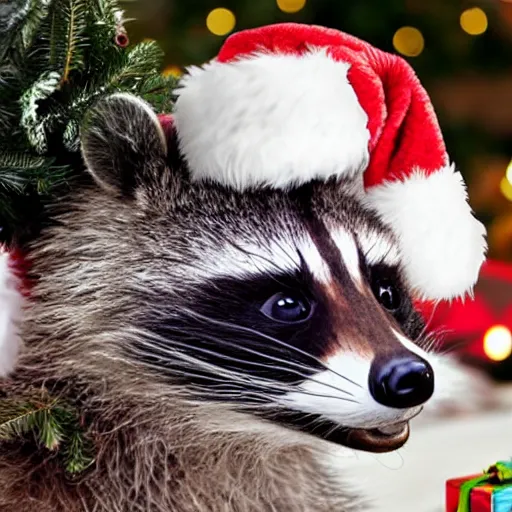 Prompt: raccoon santa vastly underestimated how difficult it would be to give a present to everyone in the world.