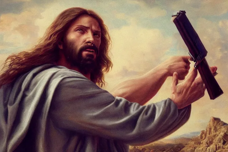 Prompt: real life photo of frustrated Jesus Christ brandishing a pistol shooting the devil satan lucifer of hell, 8k, hyperrealistic, very detailed, clean, professional photography, epic composition, side profile, high contrast, upscaled