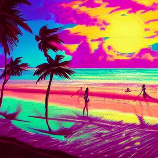 Prompt: a synthwave beach scene