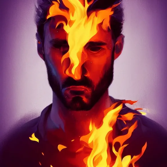 Image similar to marco bucci. digital painting of man on fire. Handsome. Long hair. portrait. ArtStation. Rule of thirds. Silouette. Pain.