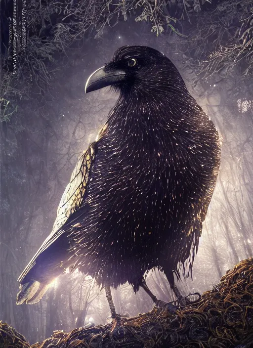 Image similar to best book cover design, glowing silver and golden elements, full close-up portrait of realistic crow with gems, book cover, green forest, white moon, establishing shot, extremly high detail, photo-realistic, cinematic lighting, by Yoshitaka Amano, Ruan Jia, Kentaro Miura, Artgerm, post processed, concept art, artstation, matte painting, style by eddie mendoza, raphael lacoste, alex ross