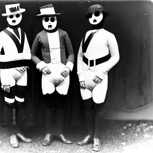 Prompt: men in vintage Halloween costumes, photo taken on an old box camera, black and white, film grain, 1920s, Daguerreotype, old photo, detailed, grotesque