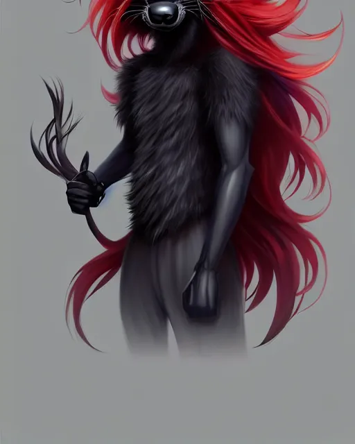 Image similar to character concept art of a black anthropomorphic furry male wolf with long red hair | | cute - fine - face, pretty face, key visual, realistic shaded perfect face, fine details by stanley artgerm lau, wlop, rossdraws, james jean, andrei riabovitchev, marc simonetti, and sakimichan, trending on artstation