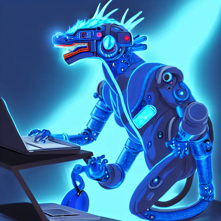 Image similar to an anthropomorphic male blue dragon fursona wearing a cybernetic suit, headphones on his head, laptop, cyberpunk, chubby, furry, soft colors, oil on canvas, digital art, soft lighting