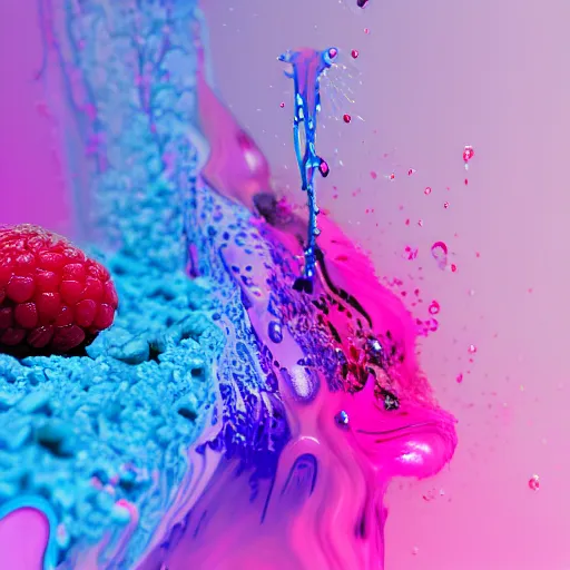 Image similar to raspberry, blueberry, vanilla smoothie explosion, intricate complexity, inverted neon rainbow drip paint, trending on art station, photoreal, 8 k, octane render