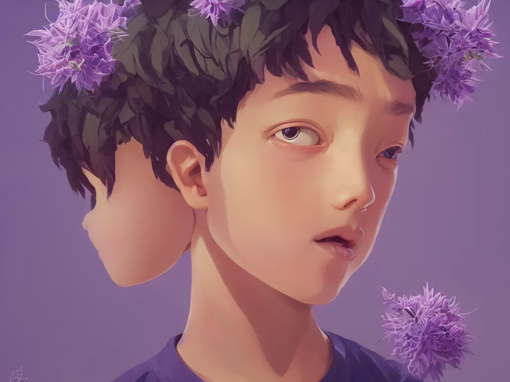 Image similar to kid with symmetrical beauty face, purple flowers of marijuana hemp cannabis, behance hd, by jesper ejsing, by rhads, makoto shinkai, lois van baarle, ilya kuvshinov, rossdraws global illumination, golden ratio