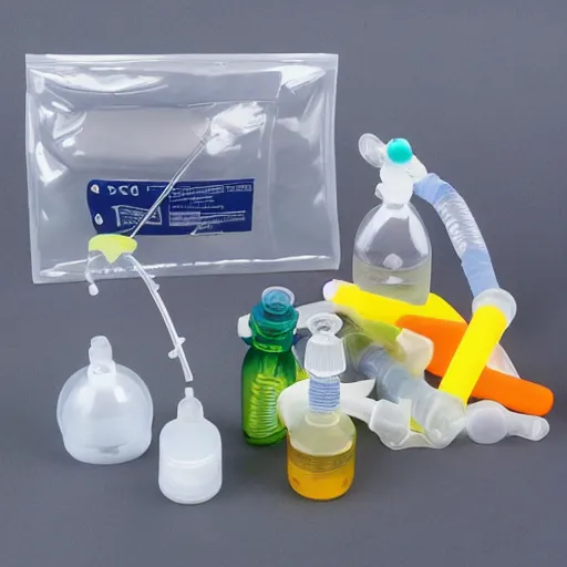 Prompt: musical instrument made out of clear tubing, syringes, urine collection bag, iv pole, fluid bag, nebulizer equipment