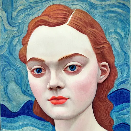 Prompt: professional painting of Elle Fanning in the style of William Zorach, head and shoulders portrait, symmetrical facial features, smooth, sharp focus, illustration, intricate, stormy weather, extremely detailed masterpiece,