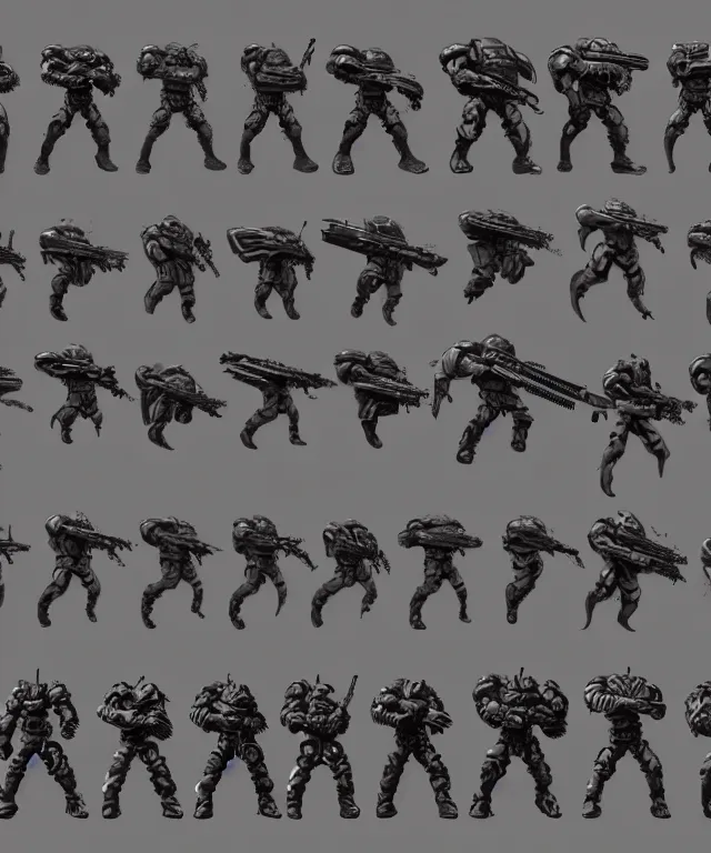 Image similar to 2 d shooter game concept art sprite sheet!!!, doom slayer concept art, hyperrealism, fine detail, 8 k, 3 d render, artgerm, artstation contest winner, cgsociety, cryengine, zbrush, vray, no background