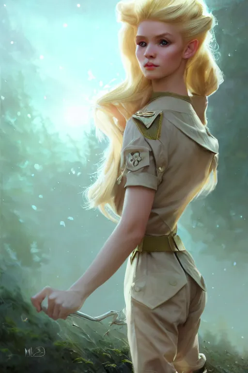 Image similar to cinematic shot of an epic portrait of a cute blonde fairy dressed in military clothes, stylised military clothes, shiny skin, beautiful eyes, beautiful, small details, night setting, realistic poster with volumetric light from craig mallism, artgerm, jeremy lipkin and michael garmash, unreal engine, radiant light, digital art, trends at art station, a masterpiece