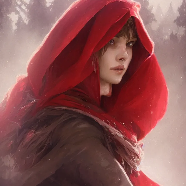 Image similar to a beautiful portrait of red riding hood, headshot, highly detailed, digital painting, artstation, concept art, sharp focus, cinematic lighting, illustration, art by artgerm and greg rutkowski, alphonse mucha, cgsociety