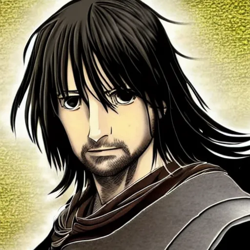 Image similar to aragorn in an anime world, incredibly detailed