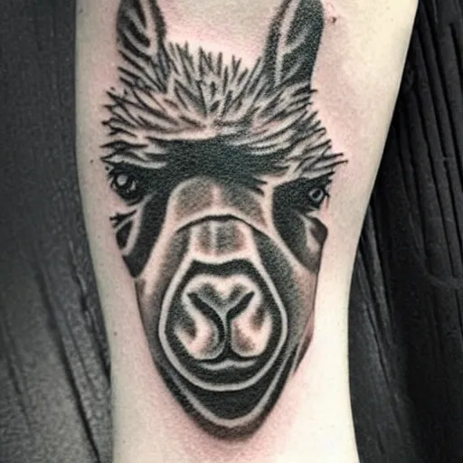 Image similar to tattoo idea of a alpaca face on a green leaf