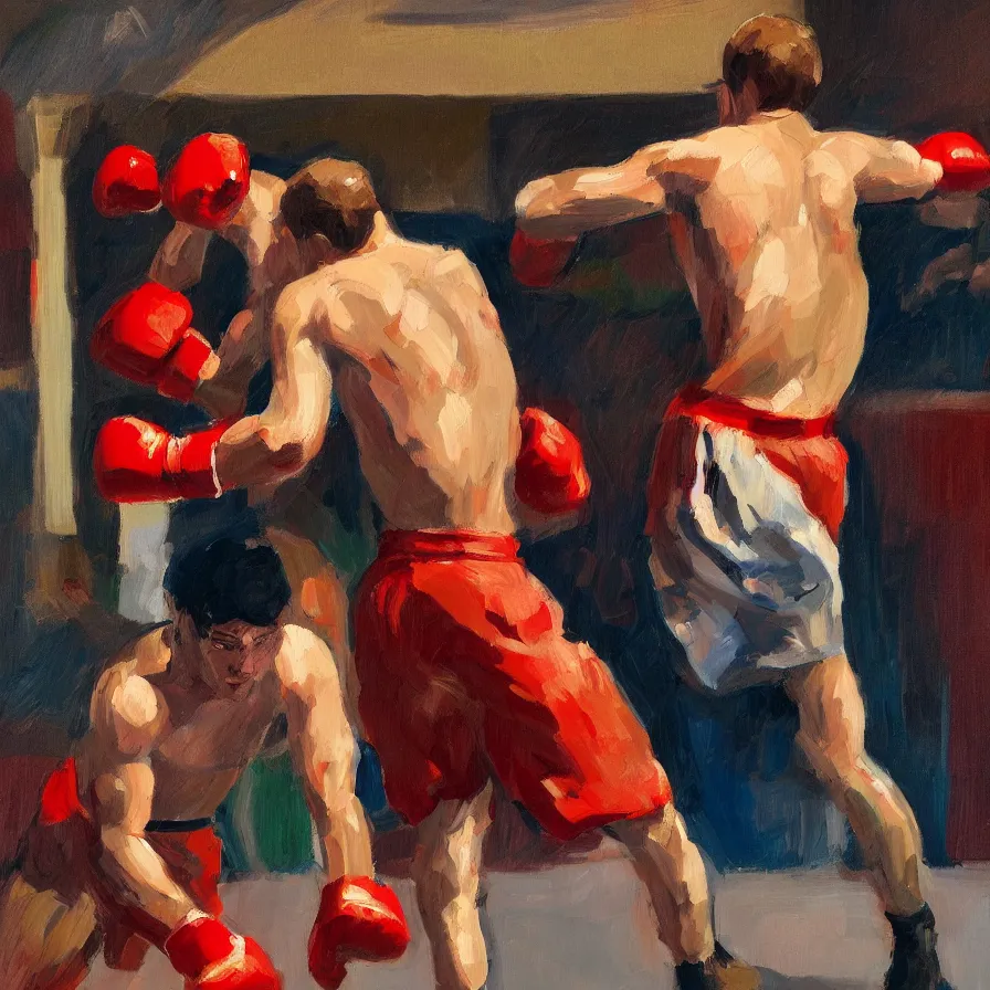 Image similar to a portrait of of boxing man, in the style of edward hopper, in the style of max ginsburg, realism, very small brushstrokes, cinematic lighting, moody, very aesthetic, boxing in an arena, big crowd in the back, flashing lights, 4 k,