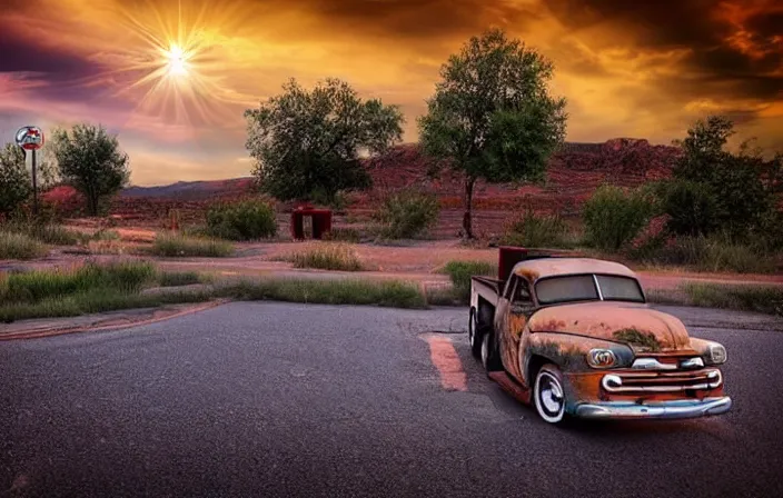 Image similar to A beautiful colorful evening scene of route66, 1950’s old road with abandoned gas station and rusty old pickup truck in the back, hyper realistic, softlight, blinding backlight evening sun, sparkling sun rays, epic scene, intense setting, evening vibe