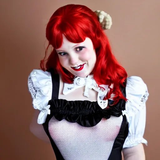 Prompt: red haired female dressed in a French maid outfit