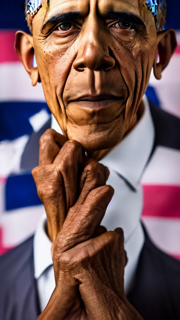 Image similar to 100 year old Obama the size of the Hulk, Studio lighting, shallow depth of field. Professional photography, lights, colors,4K