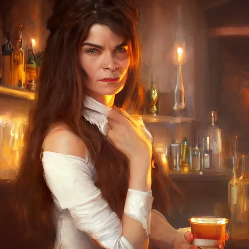 Image similar to Portrait of 25 year old Laura San Giacomo as a seductive bar maid serving drinks in a medieval pub, white lighting, digital art by Ruan Jia and Mandy Jurgens and Artgerm, highly detailed, trending on artstation, award winning,