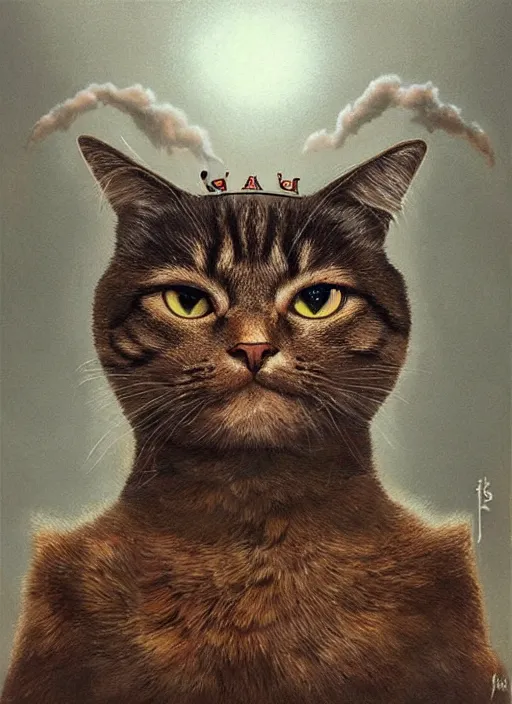 Image similar to ultra realist soft painting of a nuclear bomb explosion, a humanoid cat king with a crown, partial symmetry accurate features, very intricate details, focus, curvy, award winning, artstyle tom bagshaw