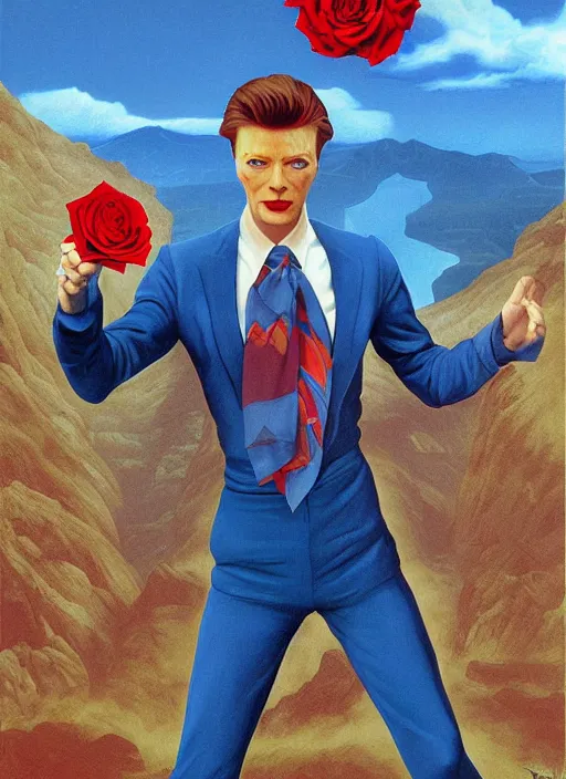 Image similar to twin peaks poster art, portrait of david bowie chases the blue colored rose, by michael whelan, rossetti bouguereau, artgerm, retro, nostalgic, old fashioned