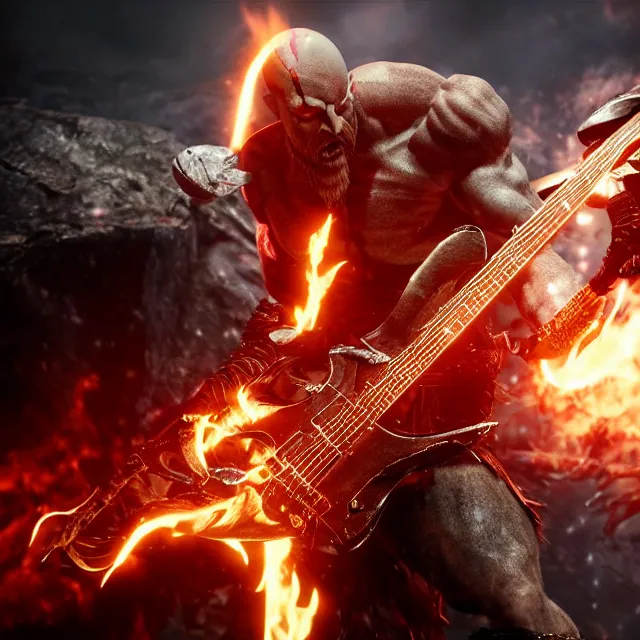 Prompt: glowing eyes kratos shredding on a flaming stratocaster guitar, cinematic render, god of war 2 0 1 8, santa monica studio official media, flaming eyes, lightning