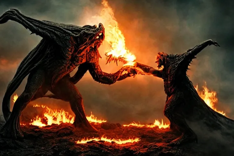 Prompt: movie still, balrog fighting gandalf at the bridge of khazad - dum, style of h. r. giger, fiery, dark, realistic movie still, cinematic, cgi,