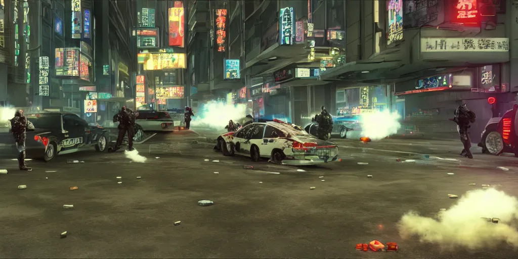 Prompt: 2001 Video Game Screenshot, Anime Neo-tokyo Cyborg bank robbers vs police, Set in Cyberpunk Bank Lobby, bags of money, Multiplayer set-piece :9, Police officers hit by bullets, Police Calling for back up, Bullet Holes and Blood Splatter, :6 ,Hostages, Smoke Grenades, Riot Shields, Large Caliber Sniper Fire, Chaos, Cyberpunk, Money, Anime Bullet VFX, Machine Gun Fire, Violent Gun Action, Shootout, Escape From Tarkov, Intruder, Payday 2, Highly Detailed, 8k :7 by Katsuhiro Otomo + Studio Gainax + Sanaril : 8